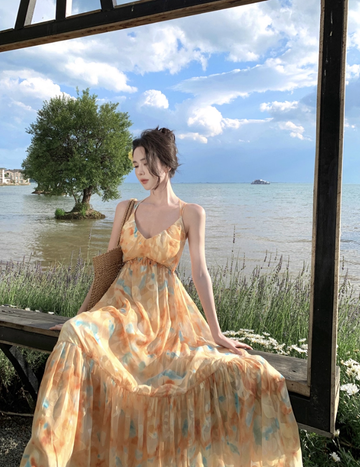 Flowy A Line Spaghetti Strap Floral Yellow Chiffon Prom Dress Vacation Dress HZ1023